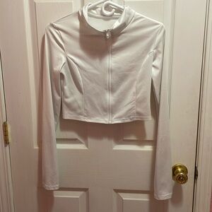 Shein White Cropped Zip Up Workout/Sports Jacket w/ Thumb Holes in the sleeve